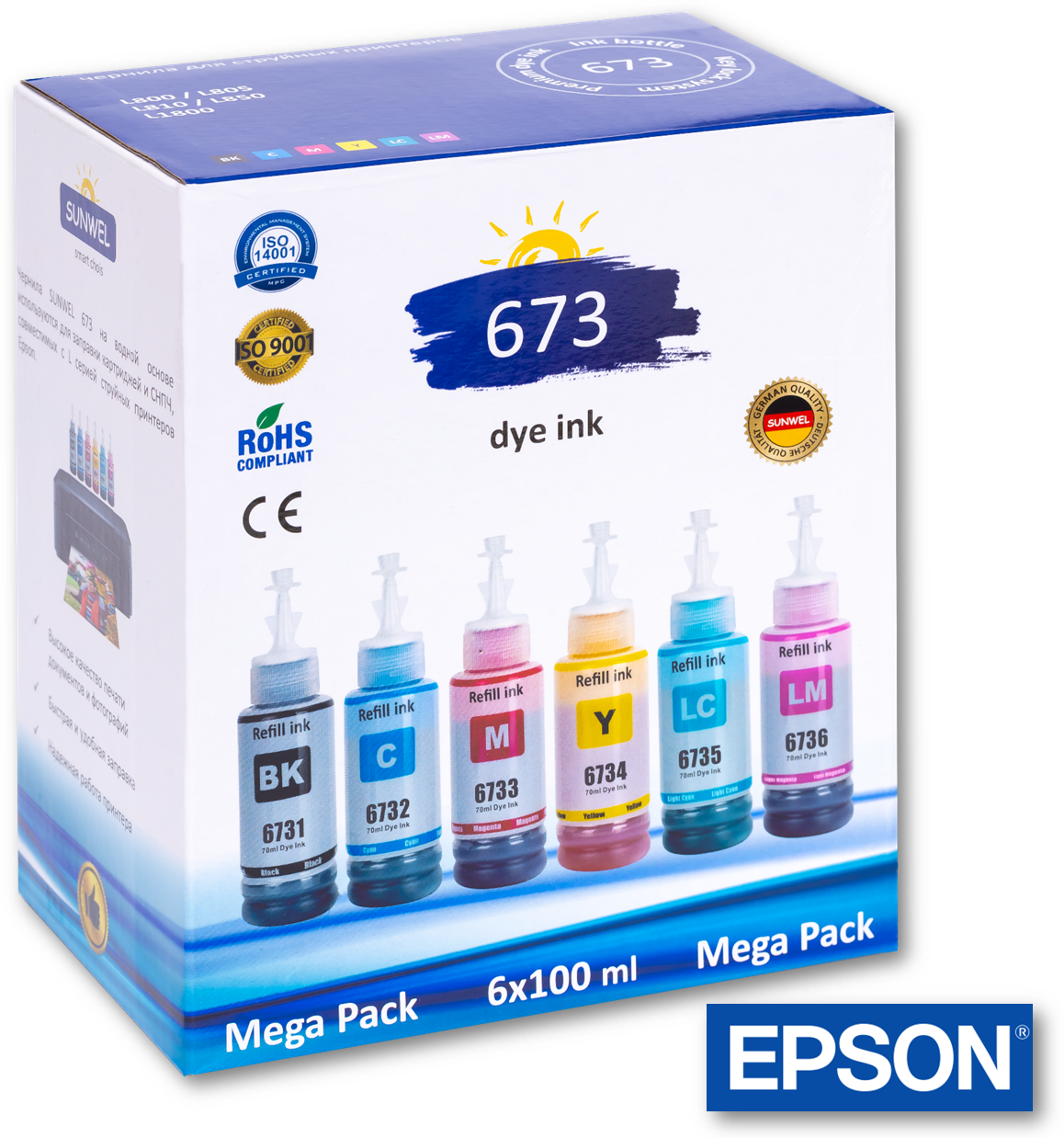 Чернила краска для принтера EPSON 673 набор 6 цветов по 100 мл эпсон L800 L805 L810 L850 L1800