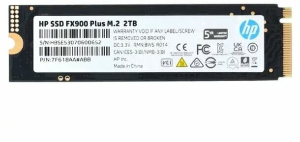 Накопитель HP FX900 Plus Series 7F618AA#ABB SSD M.2 2.0Tb PCI-E 4.0 x4 чтение: 7100 Мб/сек запись: 6300 Мб/сек 3D NAND 1200 TBW