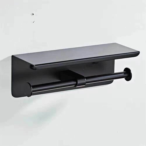 Держатель для туалетной бумаги с полочкой, на два рулона, самоклеющийся на липучке, черный, нержавеющая сталь
