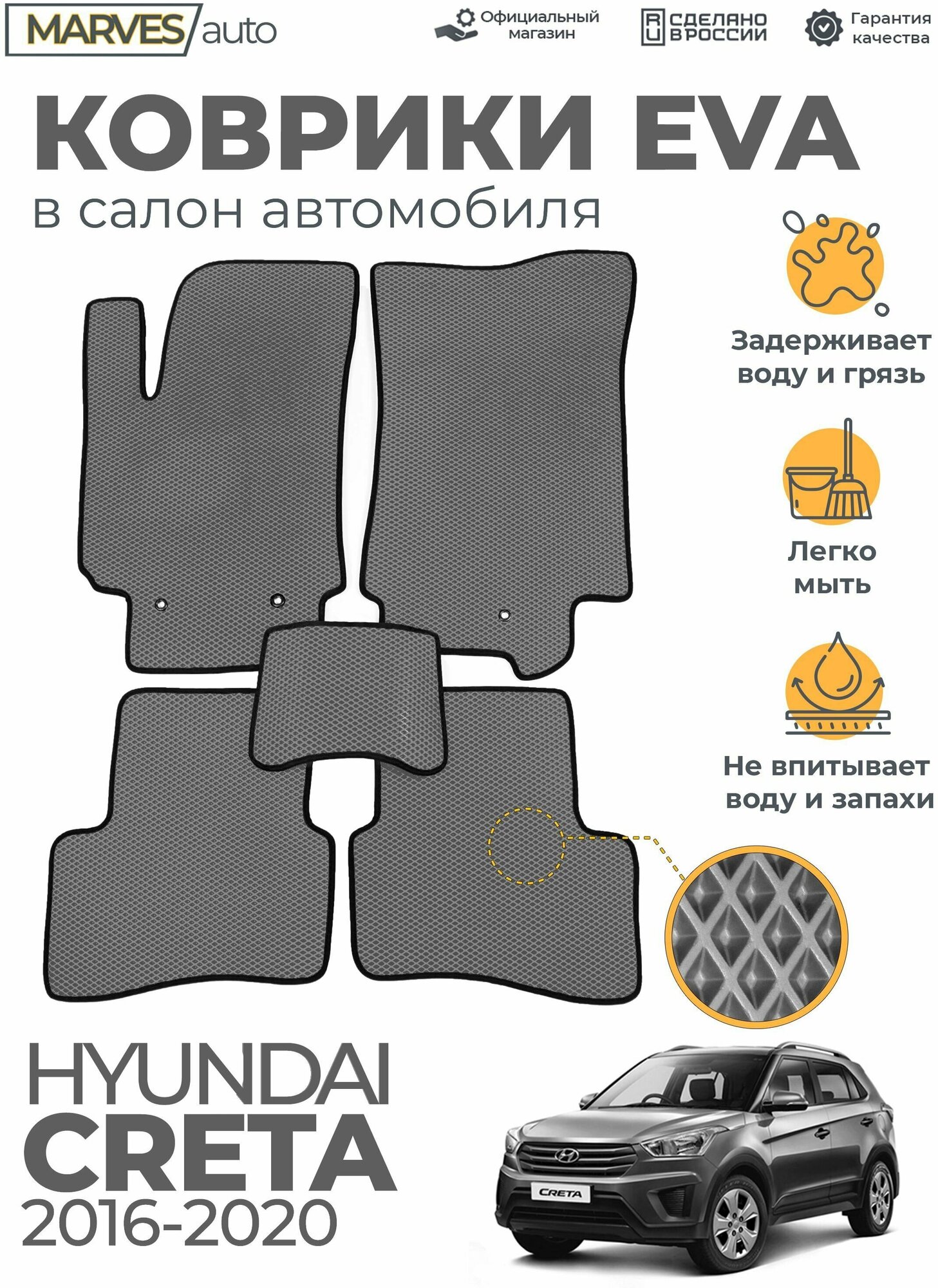 Коврики EVA (ЭВА, ЕВА) в салон автомобиля Hyundai Creta (2016-2020), комплект 5 шт, серый ромб/черный кант