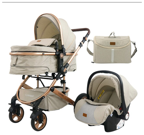 Детская коляска - трансформер Luxmom 518 3в1 бежевый, для новорожденного, автокресло, всесезонная