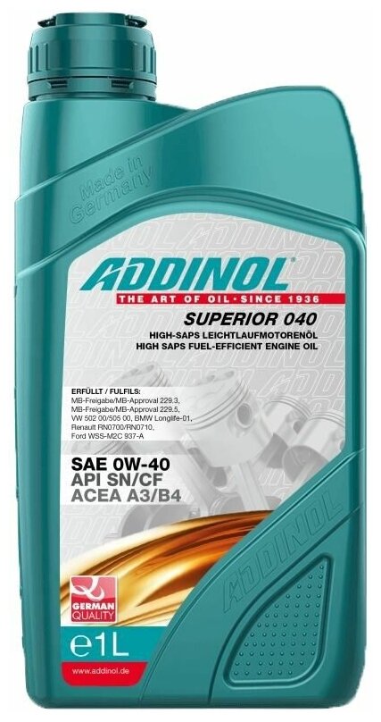 Моторное масло ADDINOL Superior 040 синтетическое, 0W-40, 1 л