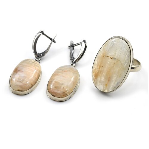 Комплект бижутерии Радуга Камня: серьги, кольцо, лунный камень, размер кольца 18.5, белый, мультиколор
