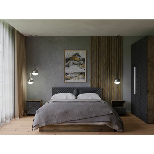 Спальня Копенгаген ЛДСП Дуб Самдал /МДФ Серый графит, кровать 1,6 м (18600049+18600077+18600073+18600033)
