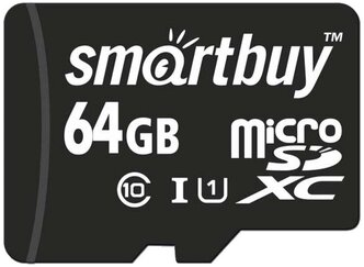 Карта памяти SmartBuy microSDXC 64 ГБ Class 10, UHS-I U1, R 80 МБ/с, адаптер на SD
