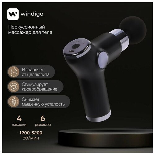 Windigo Массажёр для тела Windigo LEM-02, перкуссионный, 4 насадки, 6 режимов, 1200-3200 об/мин