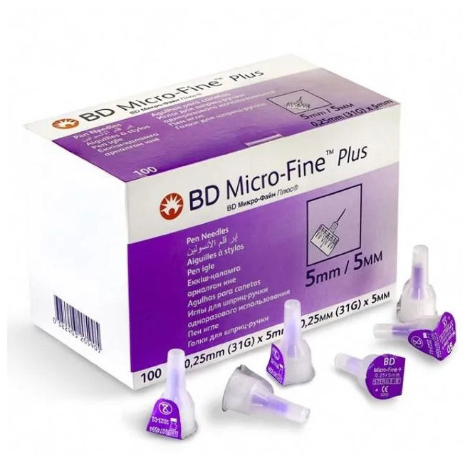 Иглы МикроФайн Плюс (Микро-Файн BD Micro-Fine Plus) 0,25 мм (31G), длина 5 мм, №100 для шприц-ручек (срок годности 31.03.2025)