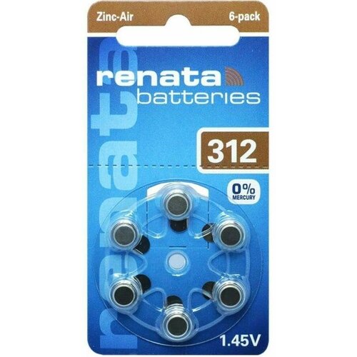 Батарейка ZA312 Renata Zinc Air 1.45V для слуховых аппаратов, 6 штук в 1 блистере