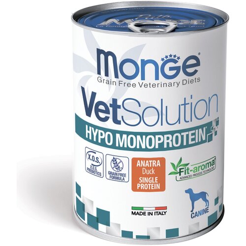 Влажный корм Monge VetSolution Dog Hypo Monoprotein DUCK, с уткой для собак для снижения реакции пищевой непереносимости 1 шт. х 400 г