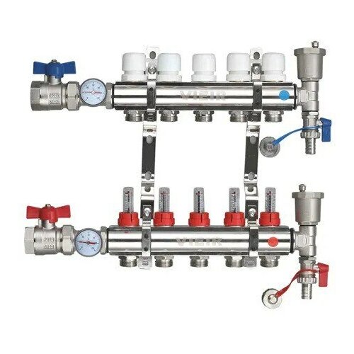 Группа коллекторов с расход. 12-вых нерж. С кранами 1x3/4 ViEiR латунный коллектор для теплого пола 11 контуров с расходомерами 1x3 4 vieir
