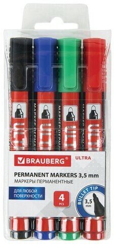 Маркеры перманентные BRAUBERG ULTRA MARKER, набор 4 цвета, круглый наконечник 3,5 мм, 152208