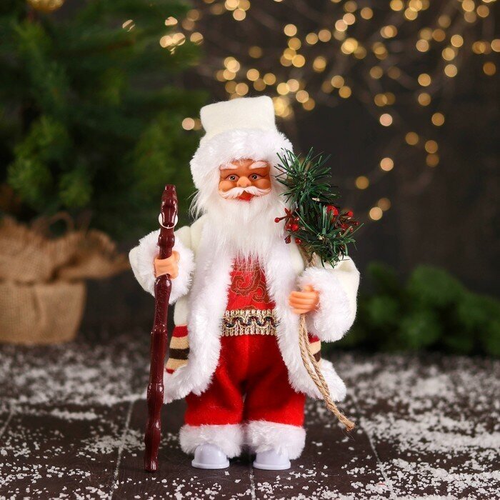 Зимнее волшебство Дед Мороз "В костюмчике с орнаментом, с посохом" двигается, 25 см