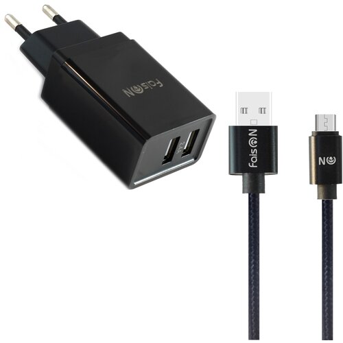 Сетевая зарядка FaisON 2xUSB C-17, Square, 2.4A, кабель микро USB 1.0м, чёрный сетевая зарядка faison 2xusb c 18 tornado 2 4a черный