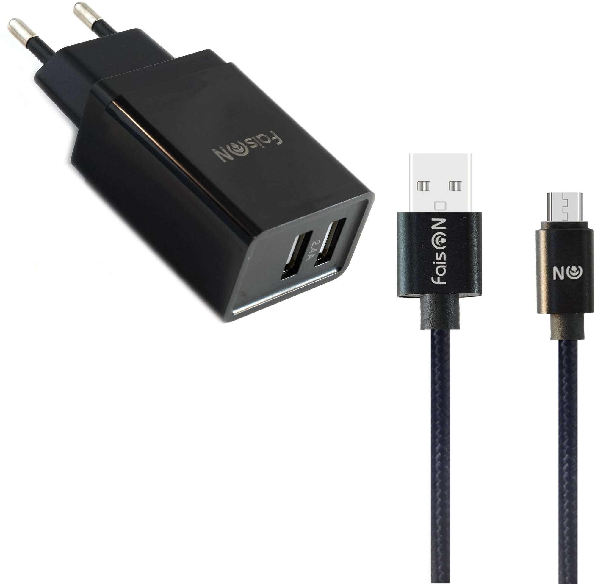 Сетевая зарядка FaisON 2xUSB C-17 Square 2.4A кабель микро USB 1.0м чёрный