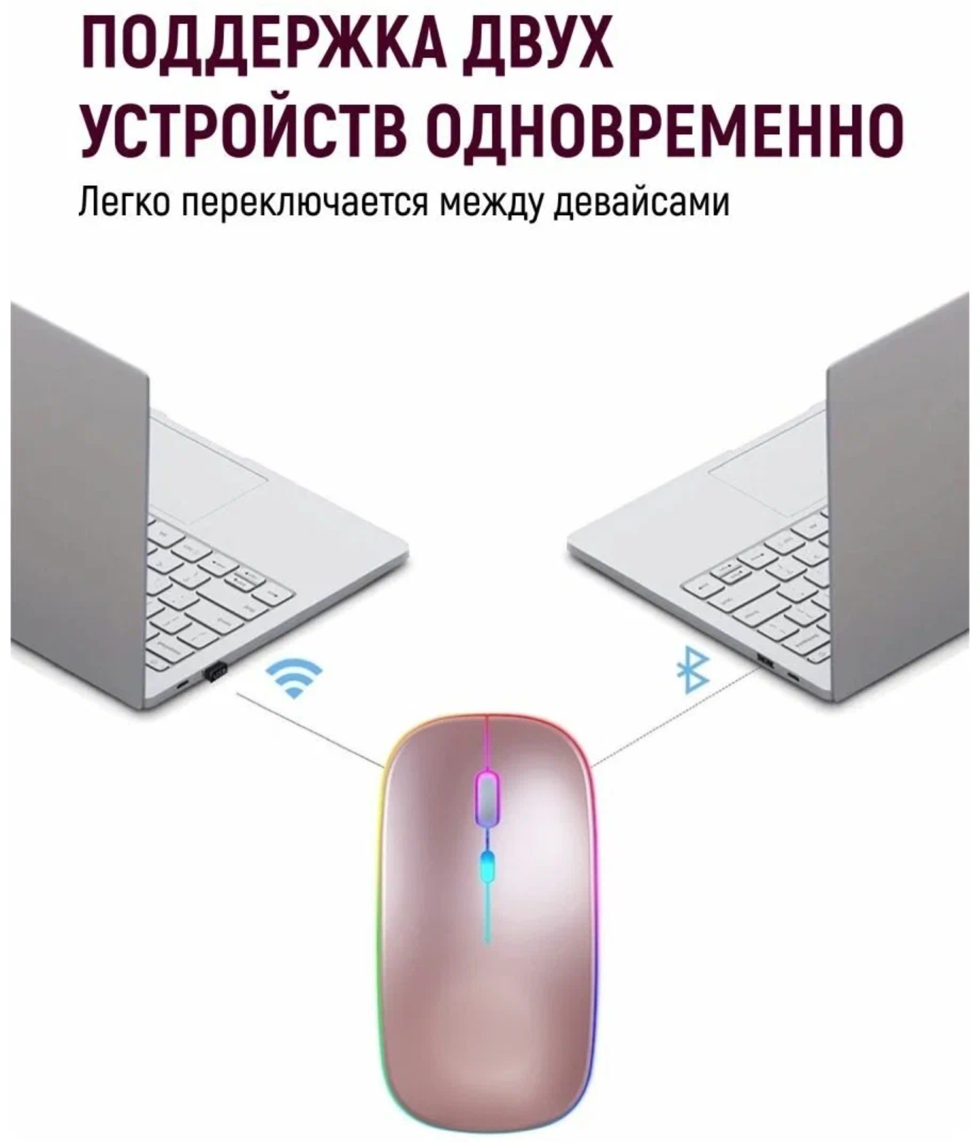 Беспроводная мышка для компьютера со встроенным аккумулятором/ Бесшумная блютуз компьютерная мышь с подсветкой RGB/ Bluetooth/ WiFi 24 гц
