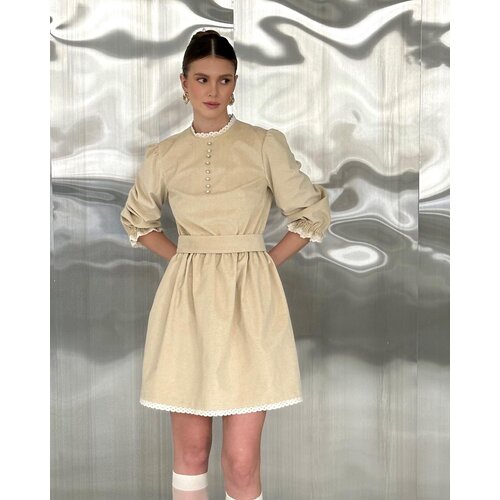 Платье Tito Teplo, вельвет, хлопок, полуприлегающее, мини, пояс на резинке, размер one size, бежевый