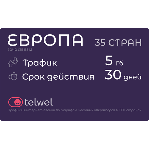 Туристический eSIM Европа 35 стран, 5 Гб/30 дней. Пакет Трафик и мессенджеры