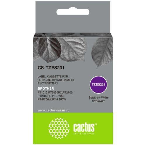 Картридж ленточный Cactus CS-TZES231 TZe-S231 черный для Brother 1010/1280/1280VP/2700VP cactus cs tze141 картридж ленточный brother tze 141 черный на прозрачном 18 мм 8 м