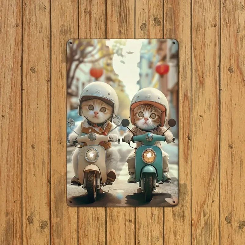 (2D-дизайн) 1 шт. Винтажная металлическая табличка "CatLoverVintage" с изображением причудливого кота - 8x12 дюймов, винтажный городской пейзаж с котами, прочный железный каркас.