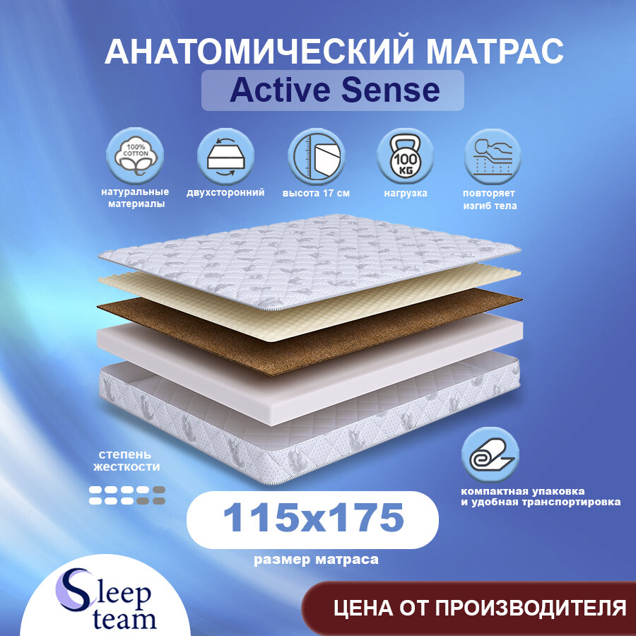 Матрас SleepTeam Active Sense 115х175, для кровати, высота 17 см, беспружинный с массажным эффектом, односпальный