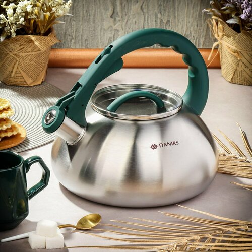 Чайник Daniks DSC-8805, 3 л, нерж. сталь, со свистком, зелёный зеленый