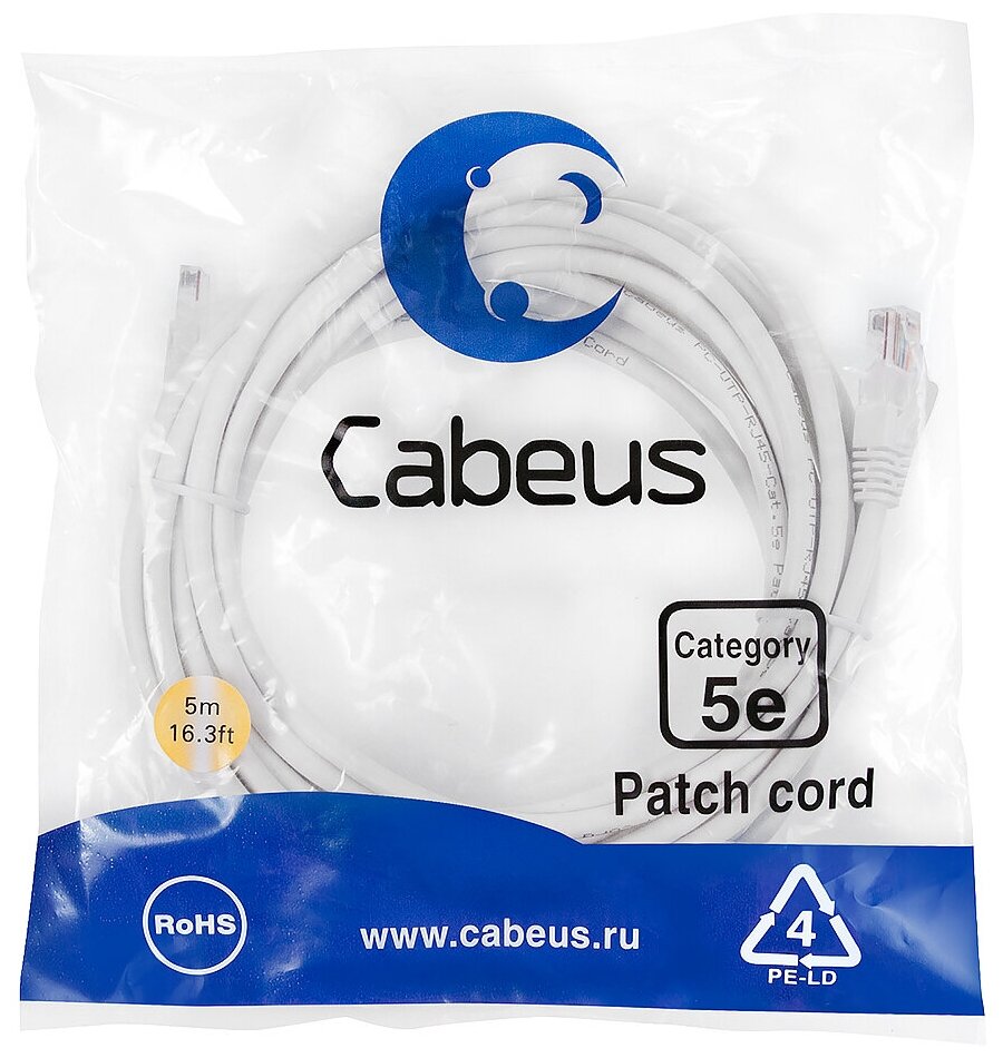 Патч-корд Cabeus PC-UTP-RJ45-Cat.5e-5m-WH-LSZH Кат.5е 5 м белый