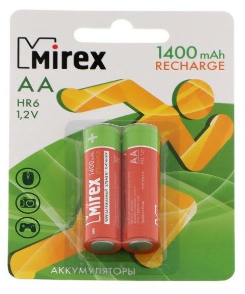 Аккумулятор Mirex, Ni-Mh, AA, HR6-2BL, 1.2В, 1400 мАч, блистер, 2 шт.