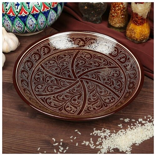 Ляган круглый, 24,5 см, коричневый, блюдо из керамики, узбекская посуда, тарелки для сервировки