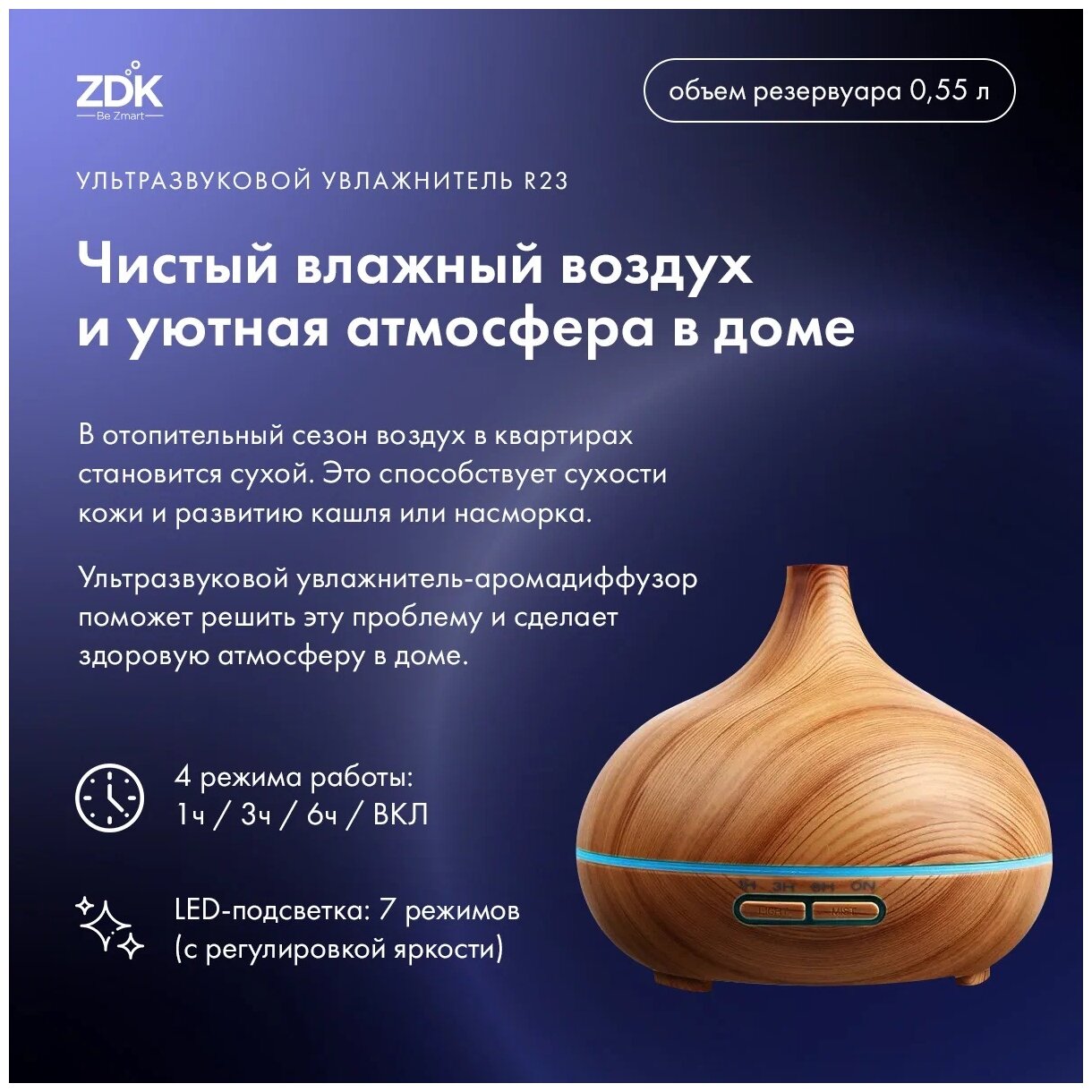 Увлажнитель-аромадиффузор ZDK R23 Light Wood - фотография № 3