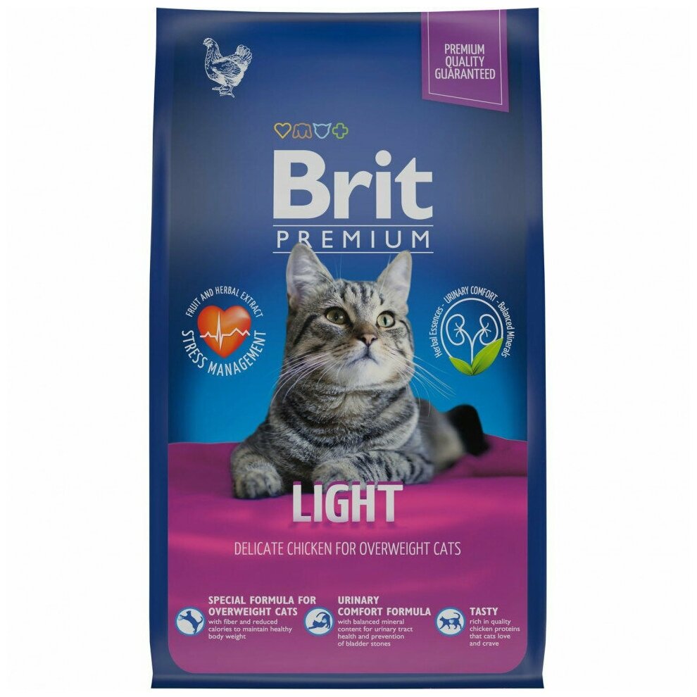 Брит Premium Cat Light 5049783 сух. корм премиум класса с курицей д/кошек с избыт. весом 800г - фотография № 2