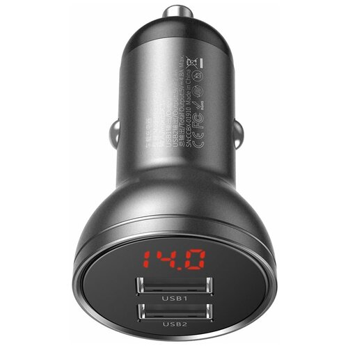 Автомобильное зарядное устройство Baseus Digital Display Dual USB 4.8A Car Charger 24W Grey