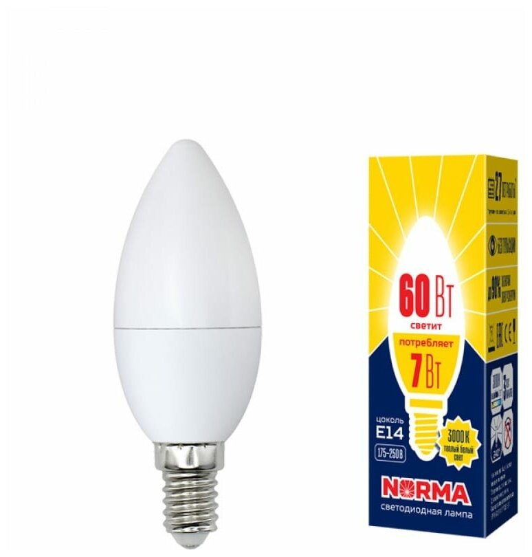Светодиодная лампа Volpe LED-C37-7W/WW/E14/FR/NR картон