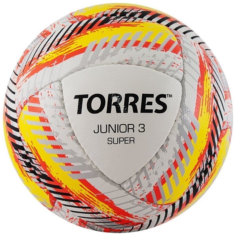 Мяч футбольный TORRES Junior-3 Super HS, арт. F320303, размер 3, вес 280-310 г, ПУ, 4 слоя, 16 панелей, ручная сшивка, белый-красный-желтый