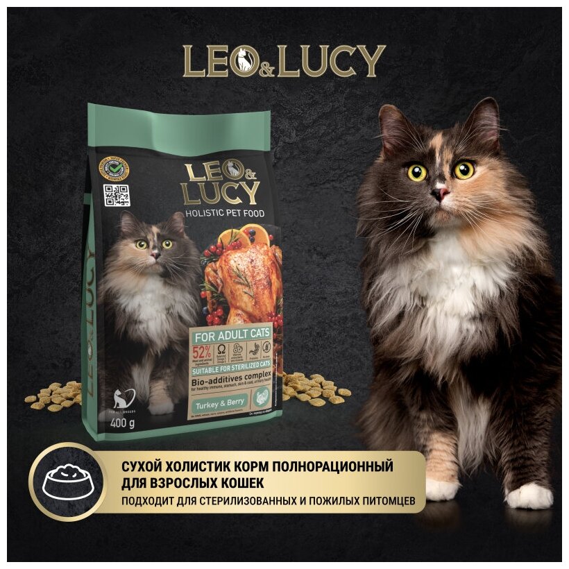 Сухой холистик корм для взрослых кошек LEO&LUCY полнорационный с индейкой, ягодами и биодобавками 400г - фотография № 10