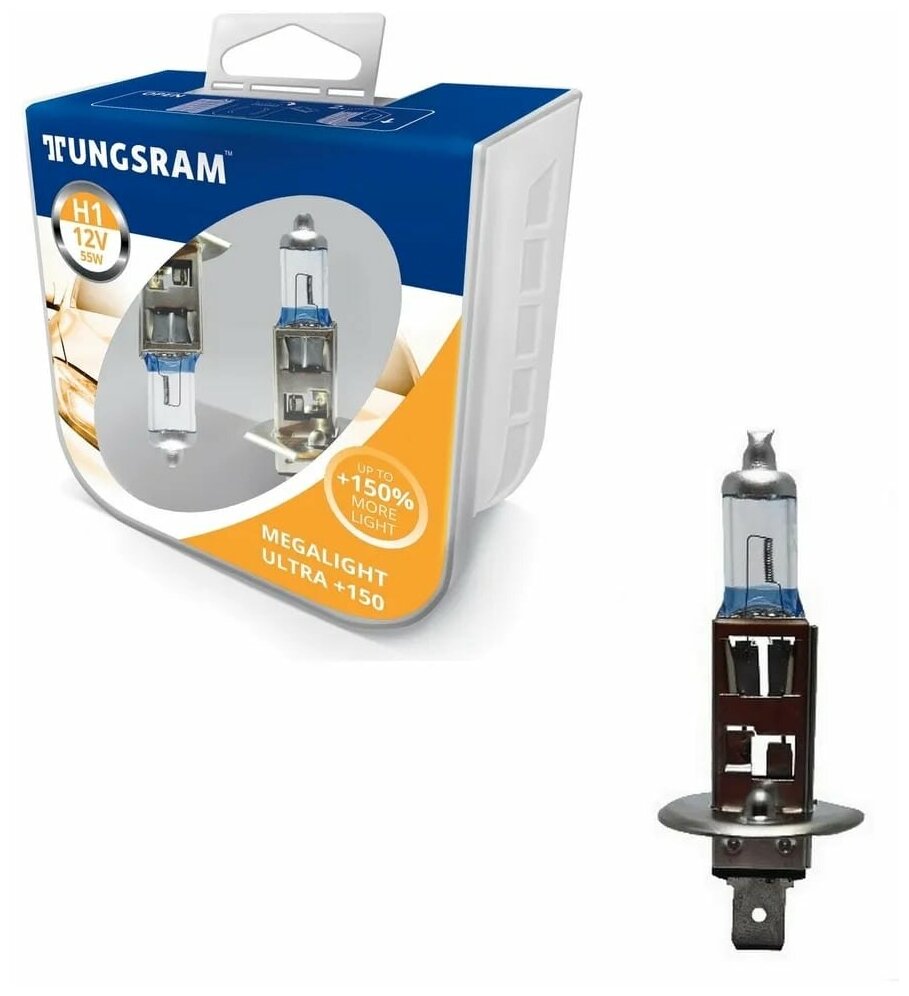 Лампы TUNGSRAM H1+150%, 12V, 55W,Megalight Ultra, P14,5s, 3200K, (2 шт)