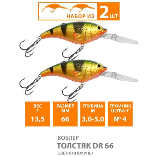 фото Воблер для рыбалки aqua толстяк dr 66mm, вес - 13,5g, цвет 048 (окунь) (набор 2 шт)