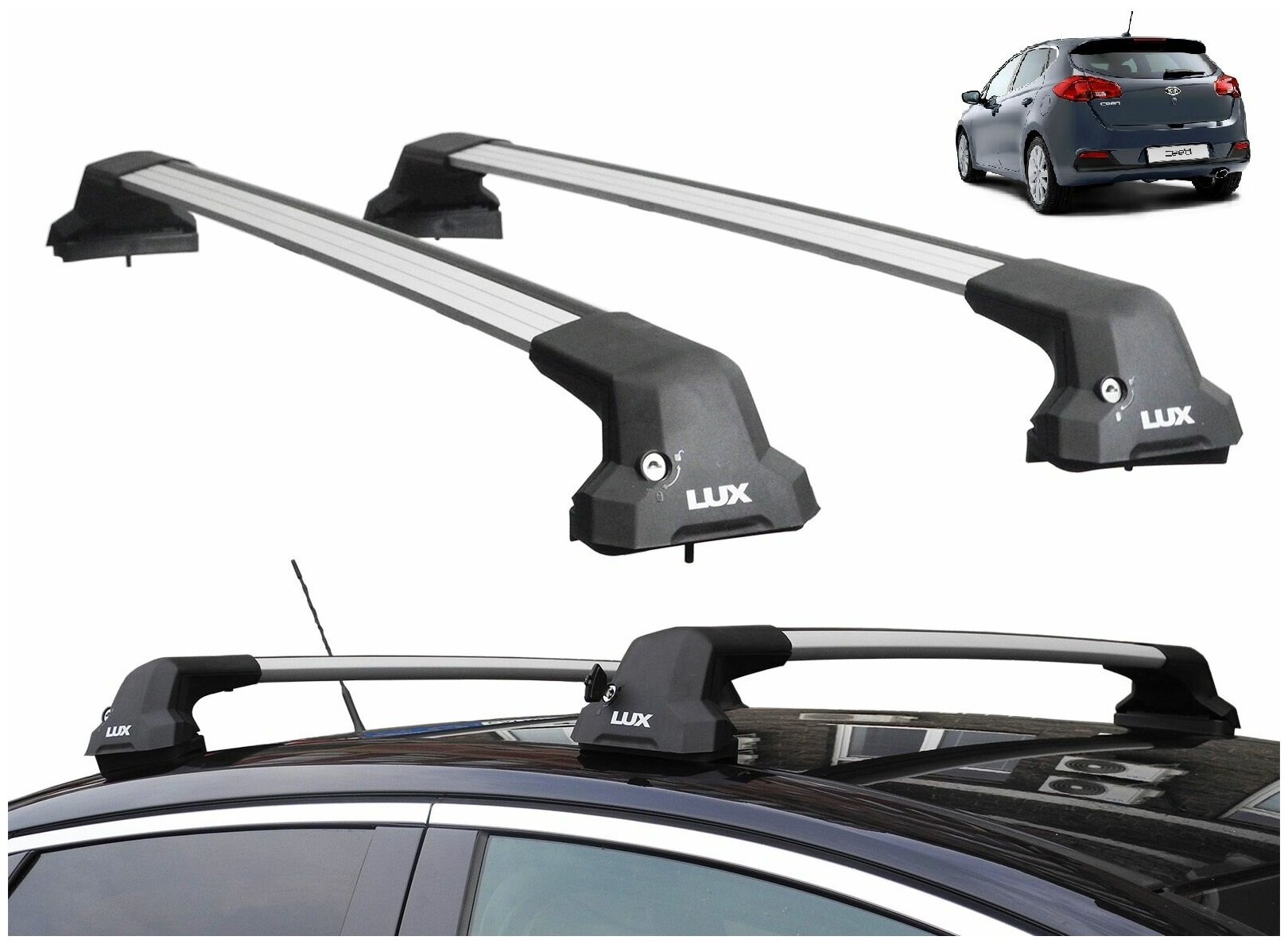 Багажник на крышу Киа Сид, хэтчбек, 2012-2018 (Kia Ceed, hatchback, 2012-2018), Lux City, серебристые дуги