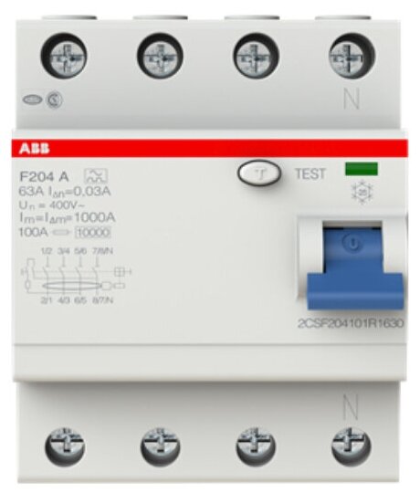 Устройство защитного отключения ABB F204 A-63/0,03 4-х полюсное тип A 63A 30mA 4 модуля