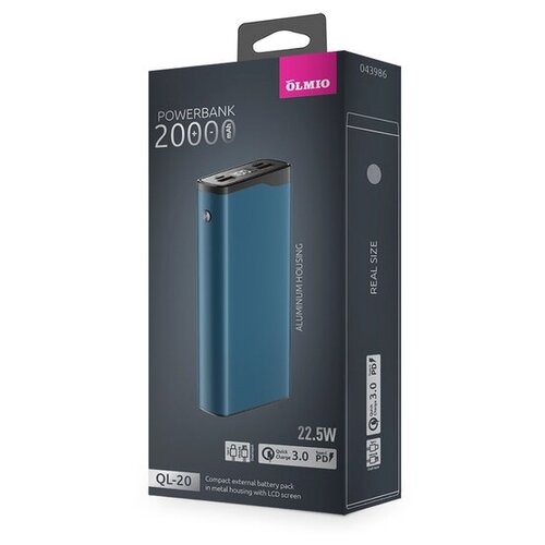 Портативное зарядное устройство Olmio QL-20 20000mAh, 22,5W, QC 3.0, PowerDelivery, LCD, голубой