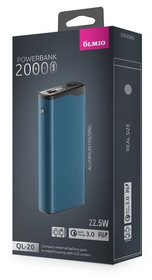 Внешний АКБ OLMIO QL-20 20000mAh 22.5W QuickCharge3.0/PowerDelivery LCD