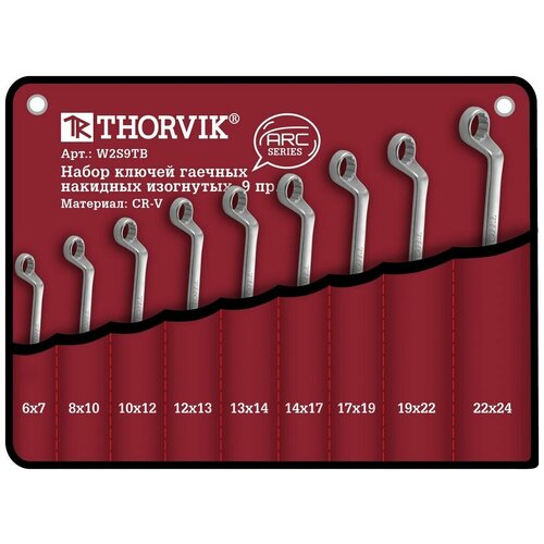 Thorvik W2S9TB Набор ключей гаечных накидных изогнутых серии ARC в сумке, 6-24 мм, 9 предметов набор ключей гаечных накидных изогнутых 75° в сумке 6 27 мм 8 предметов thorvik orws008 1 шт