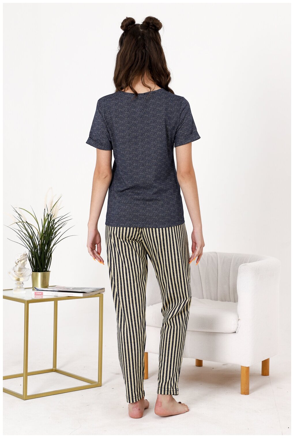 Женский домашний костюм (футболка+ брюки) в цвете джинс, размер 44 - фотография № 7
