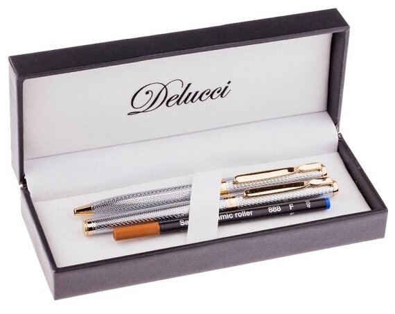 Подарочный набор Delucci ручка шариковая, ручка-роллер, синие, корпус серебро