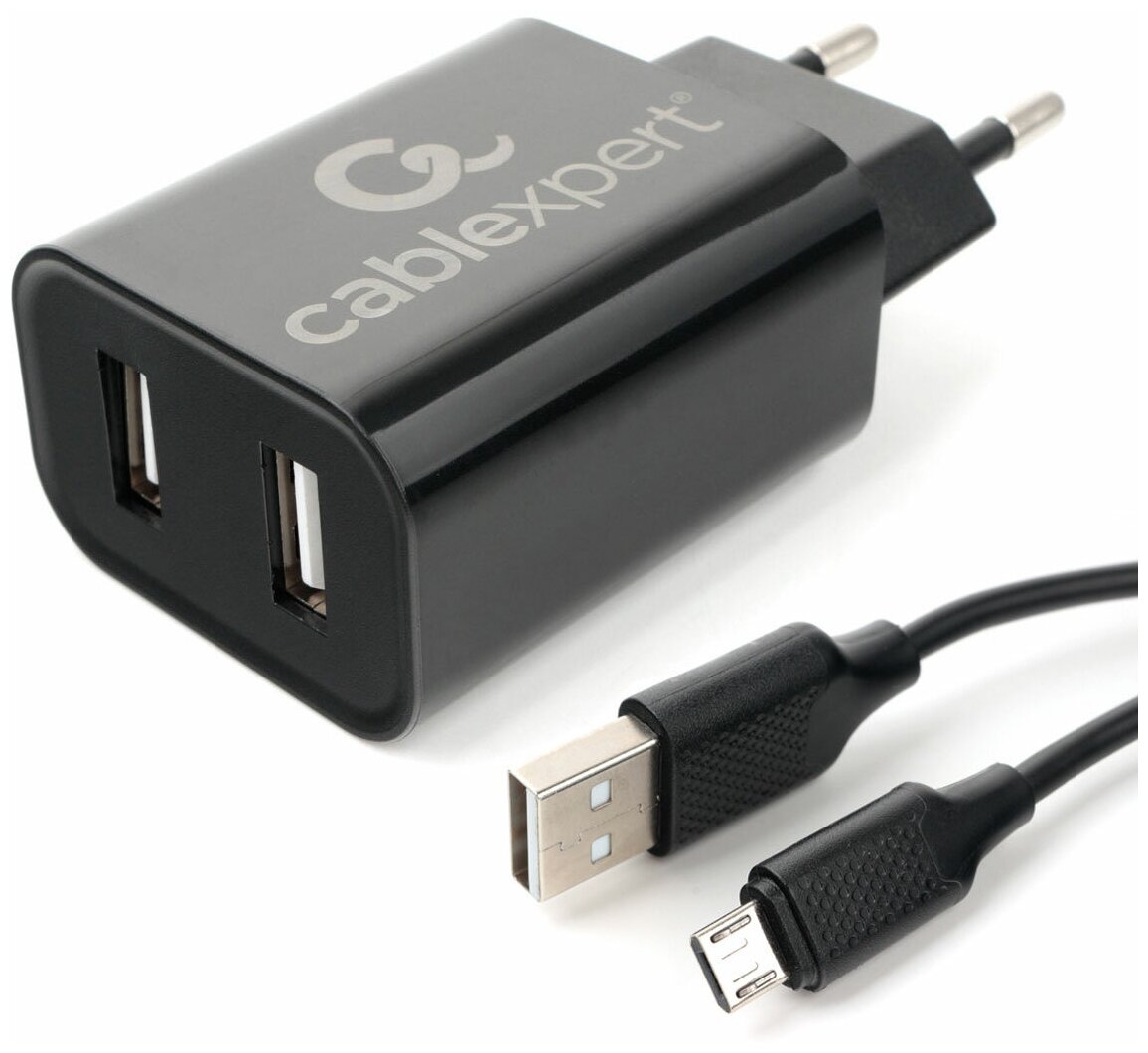 Адаптер питания Cablexpert USB 2 порта, 2.4A, черный + кабель 1м micro MP3A-PC-35