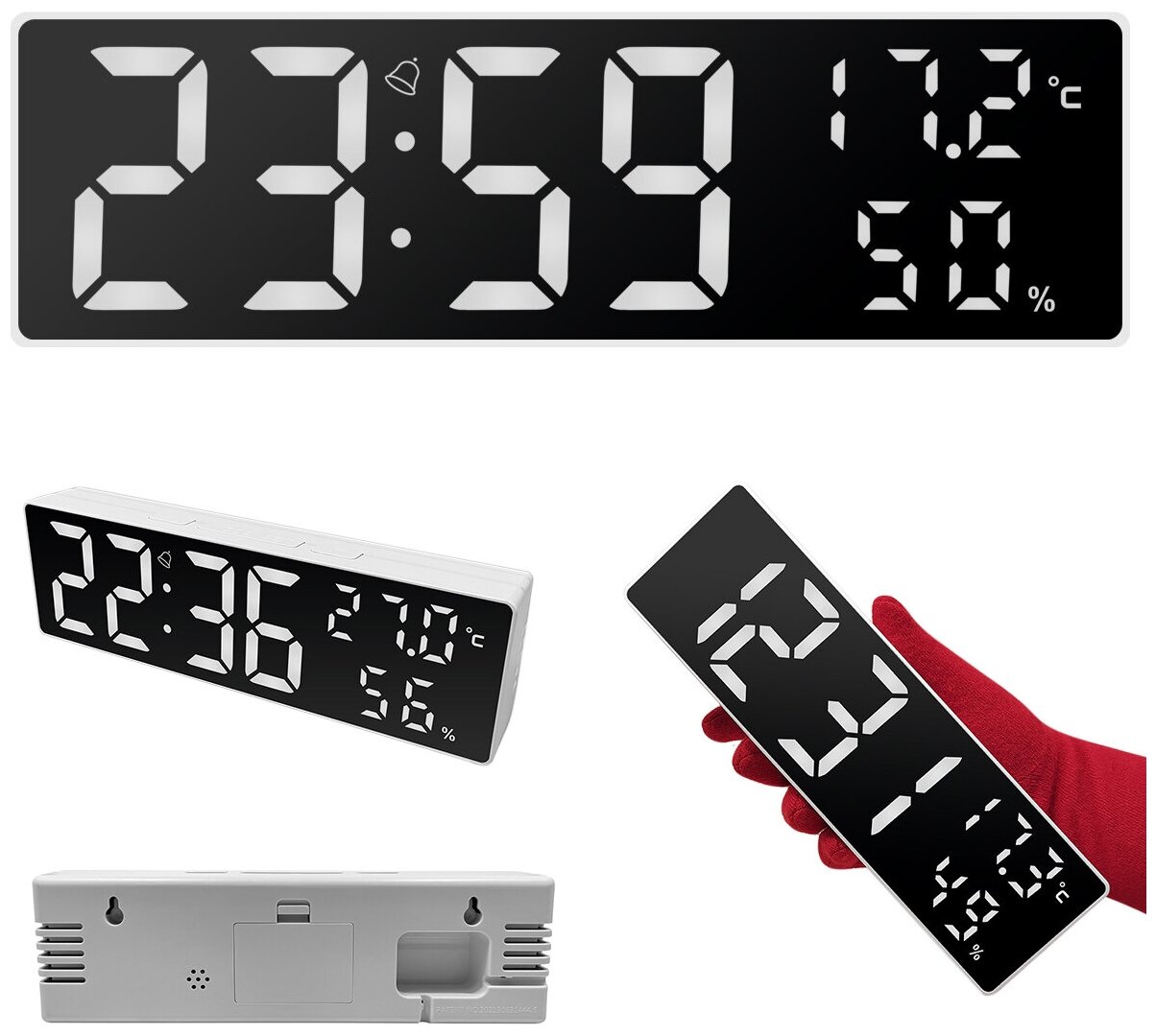 фото Часы электронные цифровые настольные с будильником, термометром, гигрометром и календарем (ПРМТ-103281) белая подсветка (белый корпус)