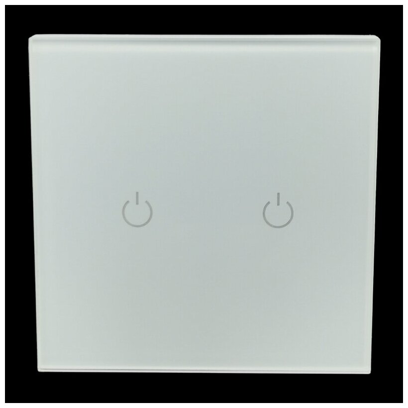 Сенсорный выключатель двухкнопочный с рамкой из закаленного стекла. Цвет белый.