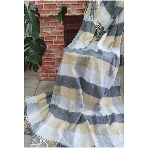 Плед Пикник 20% хлопок 140х200 клетка бело-бежево-серая