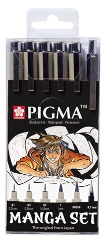 Sakura Набор капиллярных ручек Pigma Micron Manga 6шт (ручки 0.1мм 0.3мм 0.5мм кисть + карандаш)