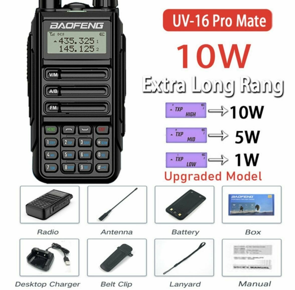 Рация Baofeng UV-16 PRO 10W степень защиты IP67, чёрная с гарнитурой