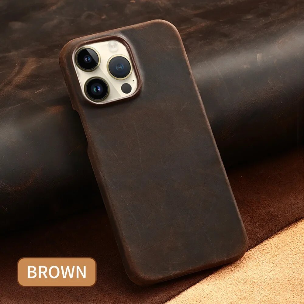 Натуральный кожаный чехол Crazy Horse для iPhone 15 16 Pro Max 14 Plus 13 12 11 PULL-UP из воловьей кожи, матовый винтажный бронированный чехол для телефона, Deep Brown, For iPhone 16 ProMax